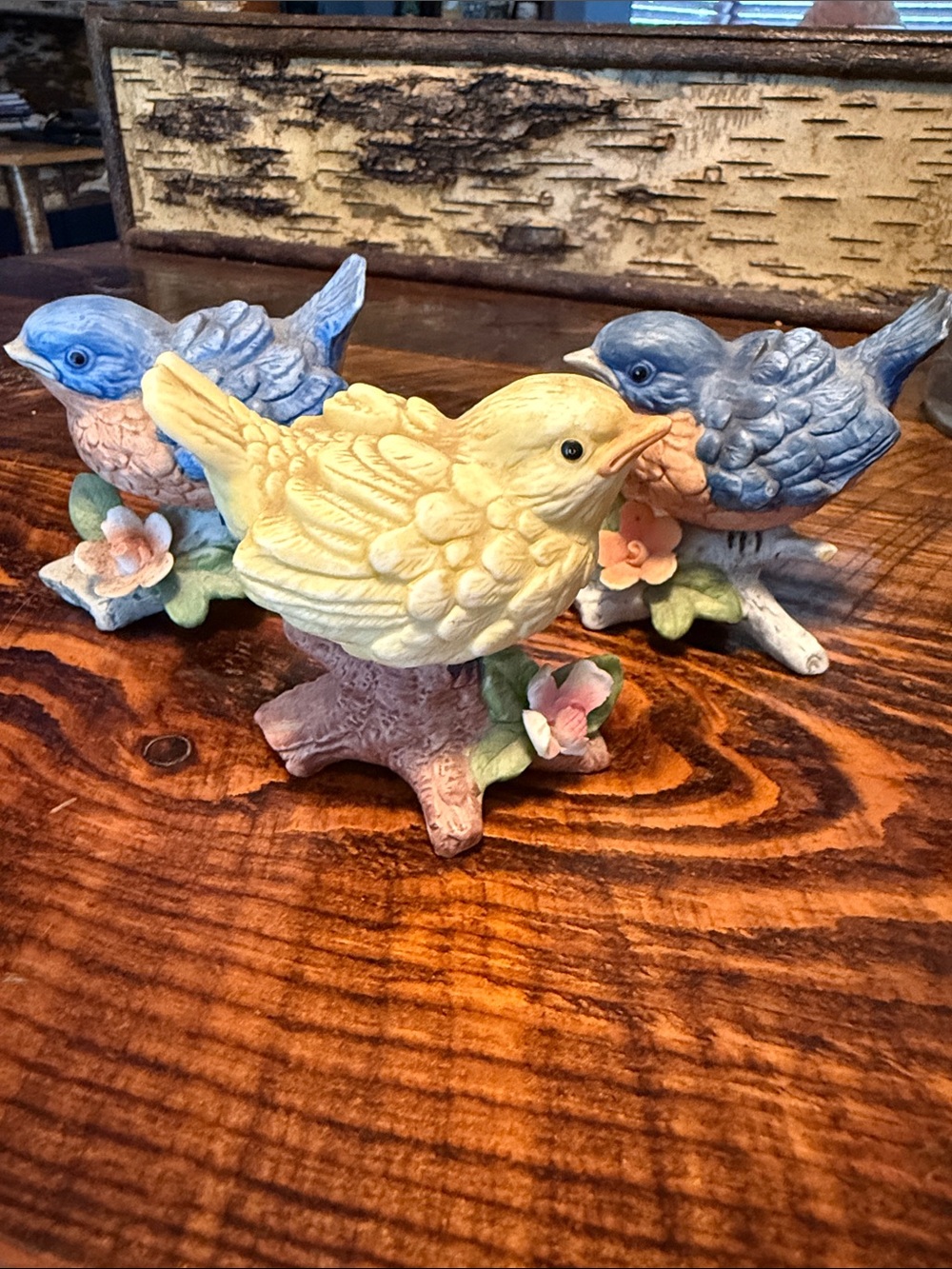 Set of three Decorative Yellow and Blue Ceramic Bird Figurines